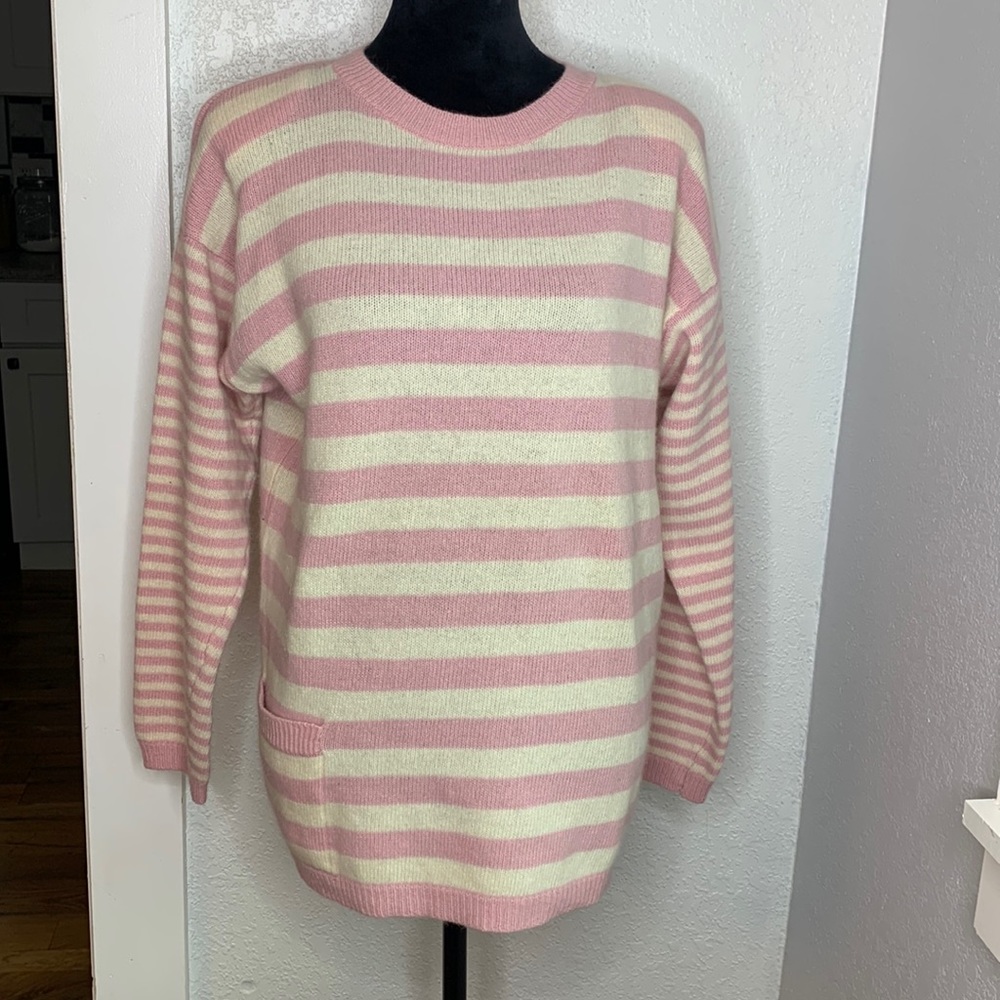Lauren Alexandra pink white stripe long sleeve knit sweater Lambs wool Angora